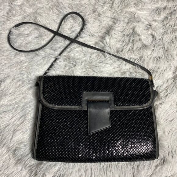 Whiting & Davis Black Mesh Fold Over Shoulder Bag - Picture 1 of 4